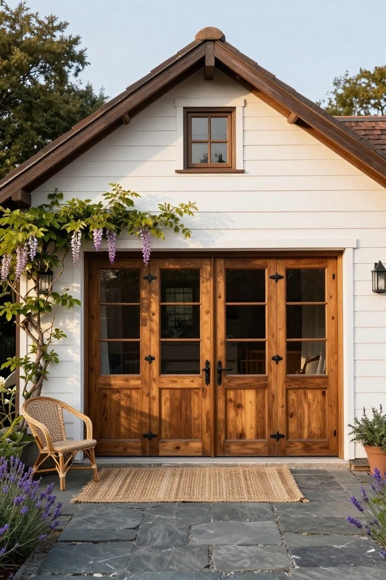 White clapboard garage building with dark wooden double doors featuring glass upper panels, purple wisteria vine climbing the left side, lantern light, wicker chair with seagrass rug on slate stone pavers, and lavender plants.
