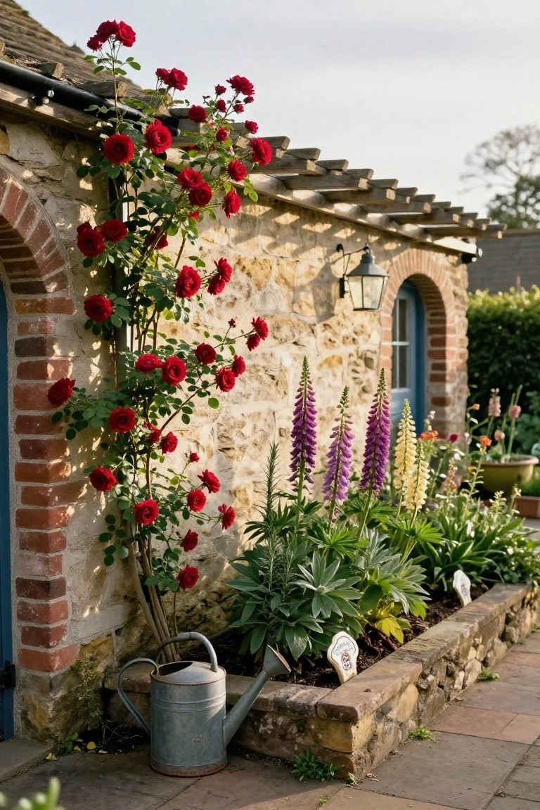 Rustic stone and brick cottage exterior with red climbing roses growing up the arched wall and entry, purple and yellow foxgloves in raised beds below, blue door, wall lantern, and metal watering can on paved patio.