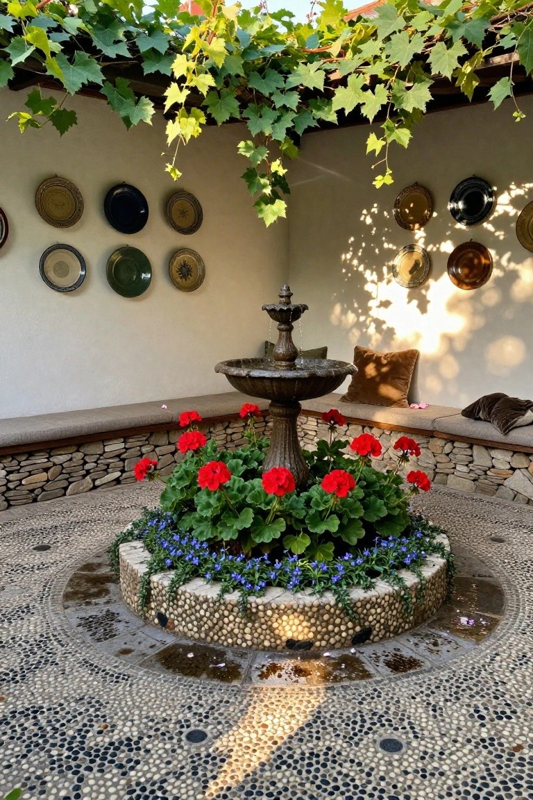 Bronze fountain in a circular stone base planted with red geraniums and blue lobelia on a pebbled courtyard patio, surrounded by cushioned built-in benches against white walls with decorative plates, ivy vines overhead.