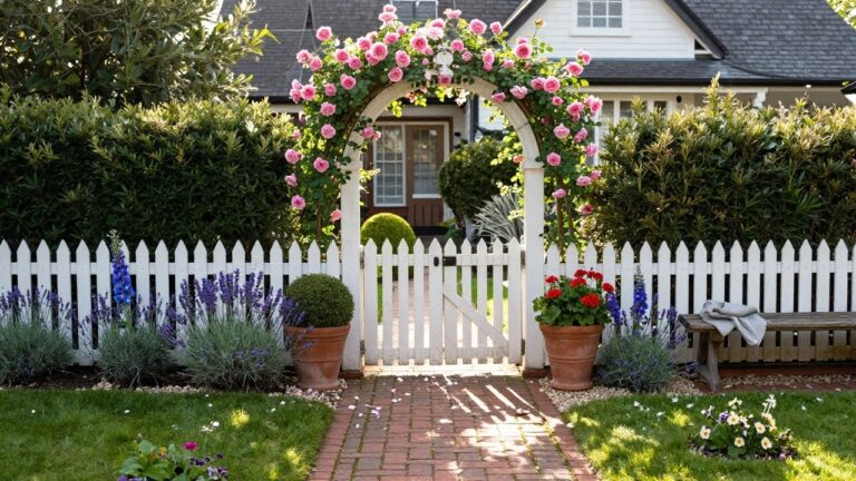 Wooden garden gate beneath a curved metal arch covered in pink climbing roses, next to white picket fence with lavender flower beds and a brick path beside a white house.