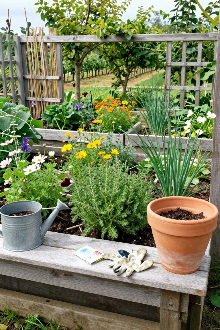 Raised wooden garden bed containing colorful flowers such as marigolds and daisies, green herbs like chives and rosemary, with a metal watering can, gardening gloves, seed packet, and empty terracotta pot on a wooden bench nearby, wooden trellis fence, and plants in the background.