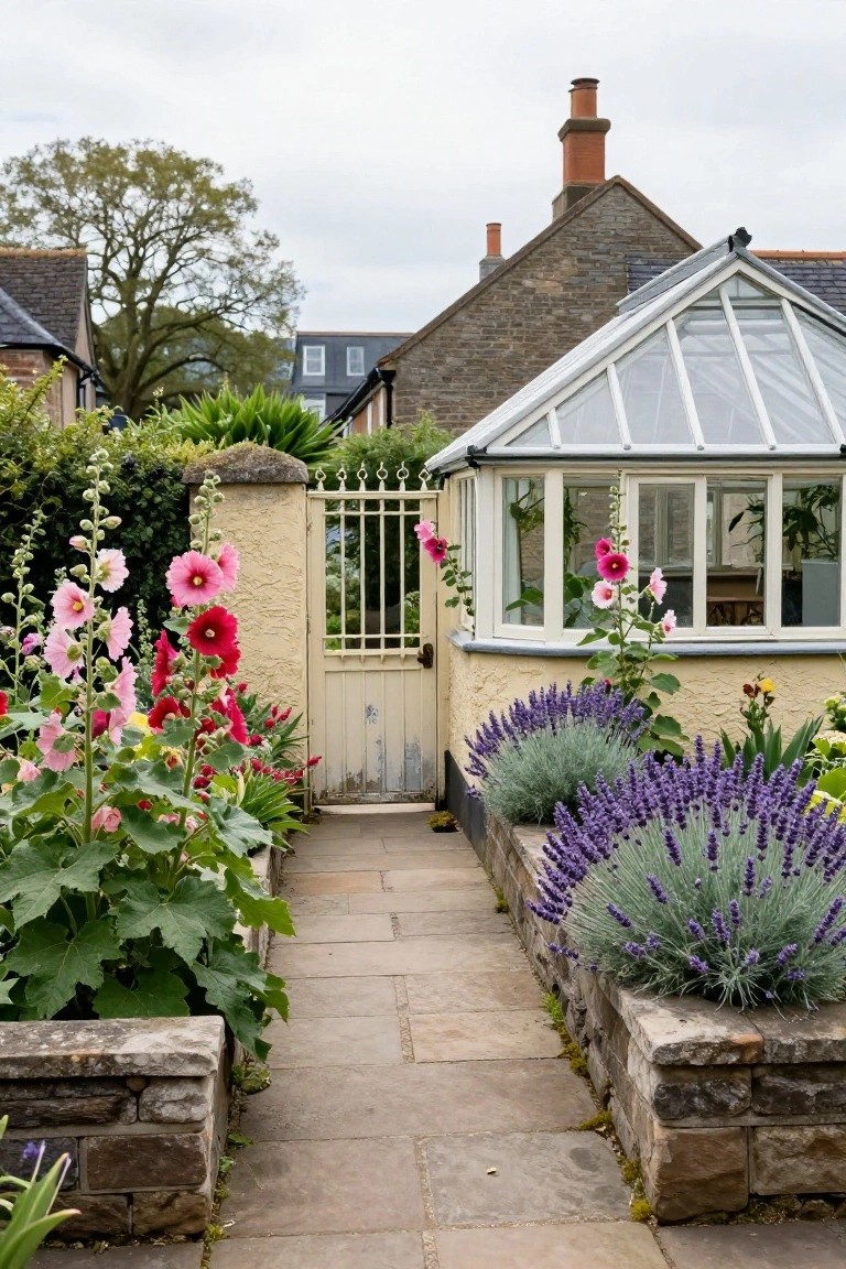 Stone pathway bordered by raised beds with pink hollyhocks on the left and purple lavender on the right, leading to a yellow metal gate beside a glass greenhouse, with stone houses and trees in the background under cloudy skies.
