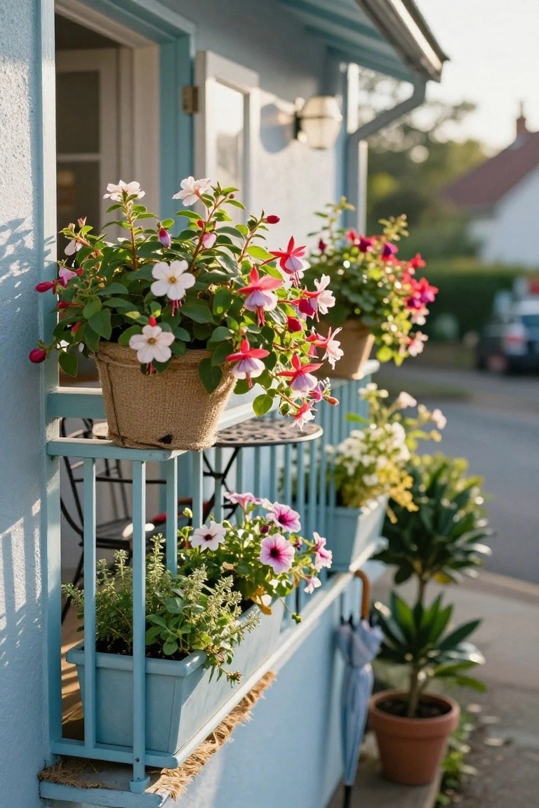 Light blue cottage wall with open white door, black metal balcony railing supporting multiple hanging jute and terracotta pots of pink fuchsia and white flowers, blue window box planter with purple flowers, herbs, and trailing plants, plus potted palms and a folded umbrella on the sidewalk below.
