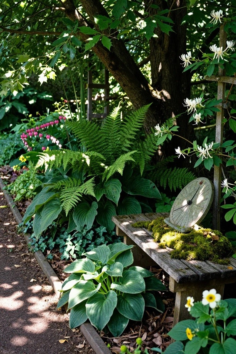A moss-covered wooden bench with a stone sundial in a shaded garden bed featuring ferns, hostas, white flowering climbers on a trellis, pink foxgloves, and yellow daisies along a mulched path with stone edging.