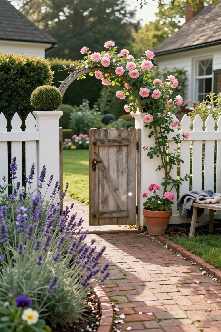 Wooden garden gate beneath a curved metal arch covered in pink climbing roses, next to white picket fence with lavender flower beds and a brick path beside a white house.