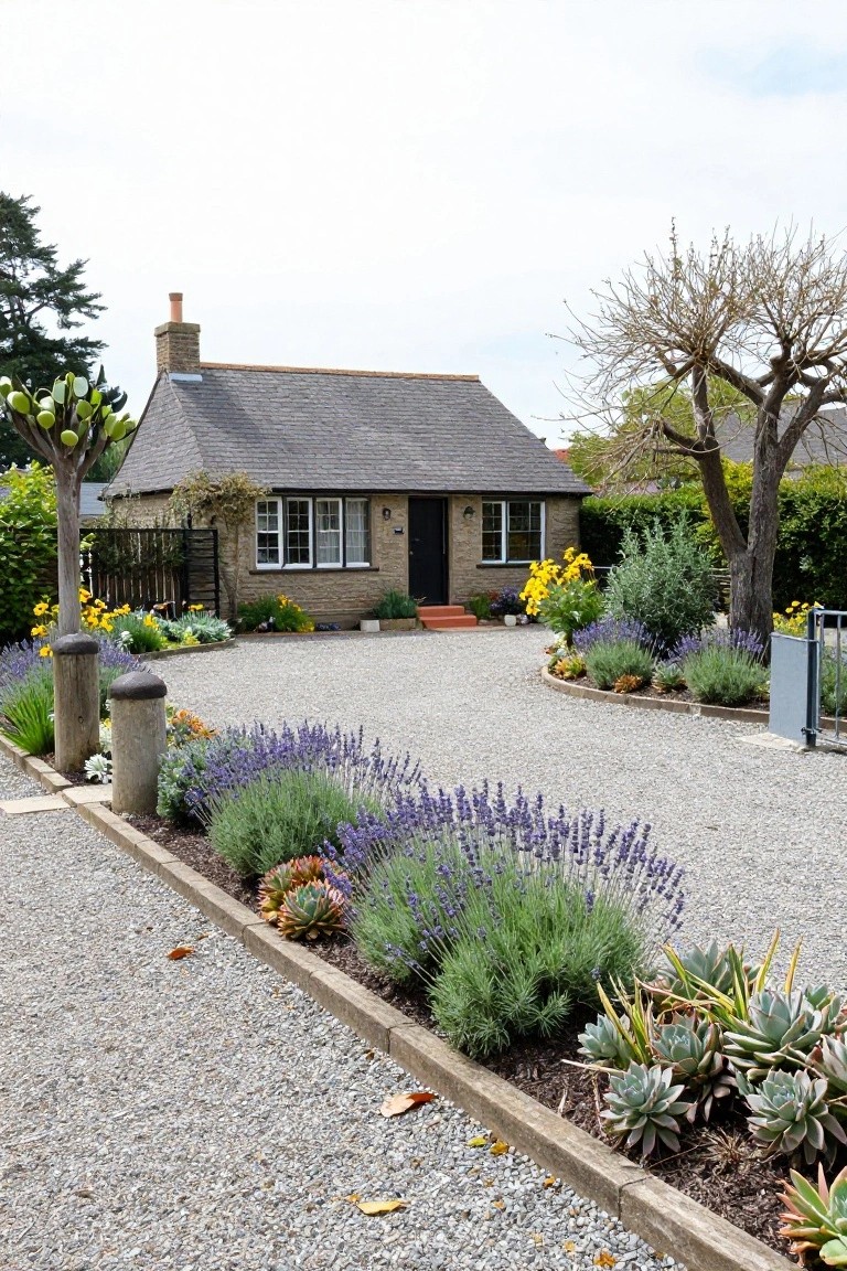 Stone cottage with slate roof and black door, fronted by curved gravel driveway edged in borders of lavender, succulents, yellow flowers, and green shrubs.