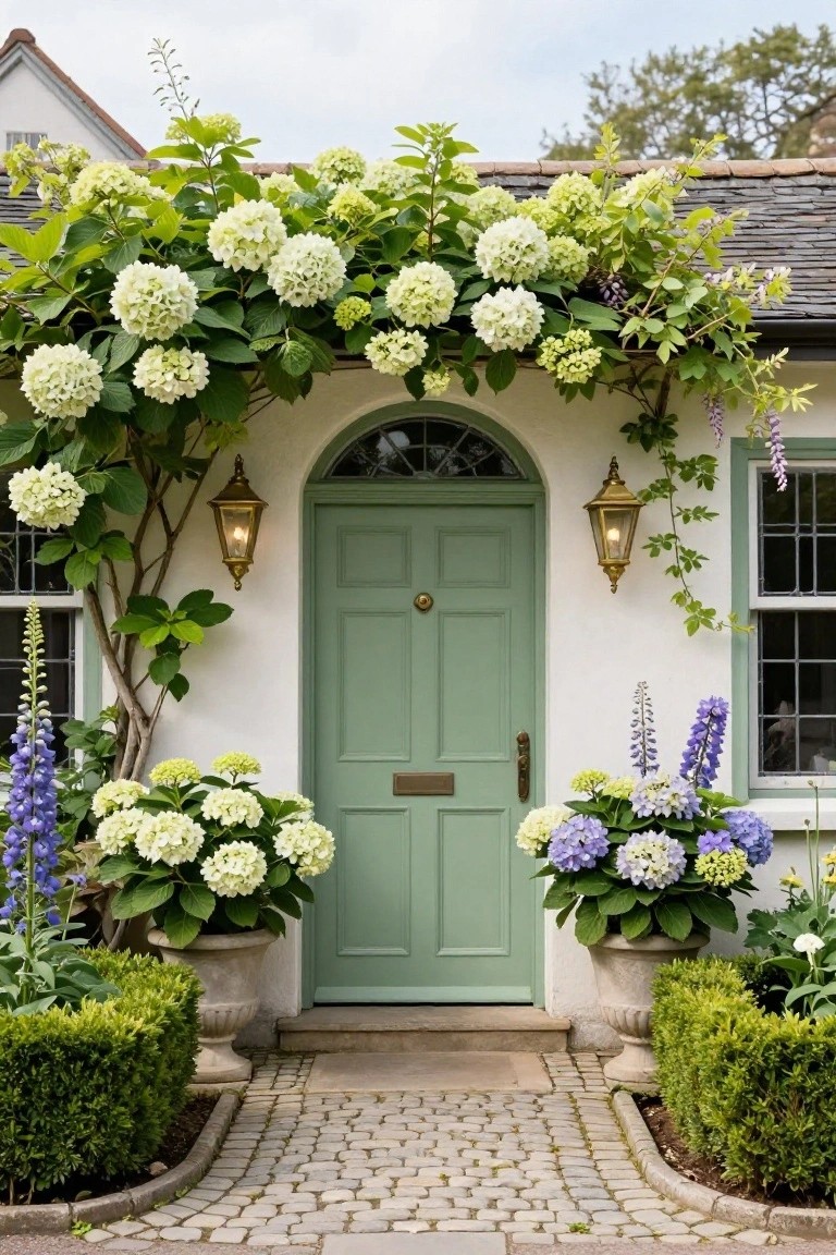 White hydrangea vines climbing over an arched entryway above a sage green paneled door on a white cottage house, flanked by large urns of white and blue hydrangeas and purple delphiniums, with boxwood hedges and a cobblestone path leading up.