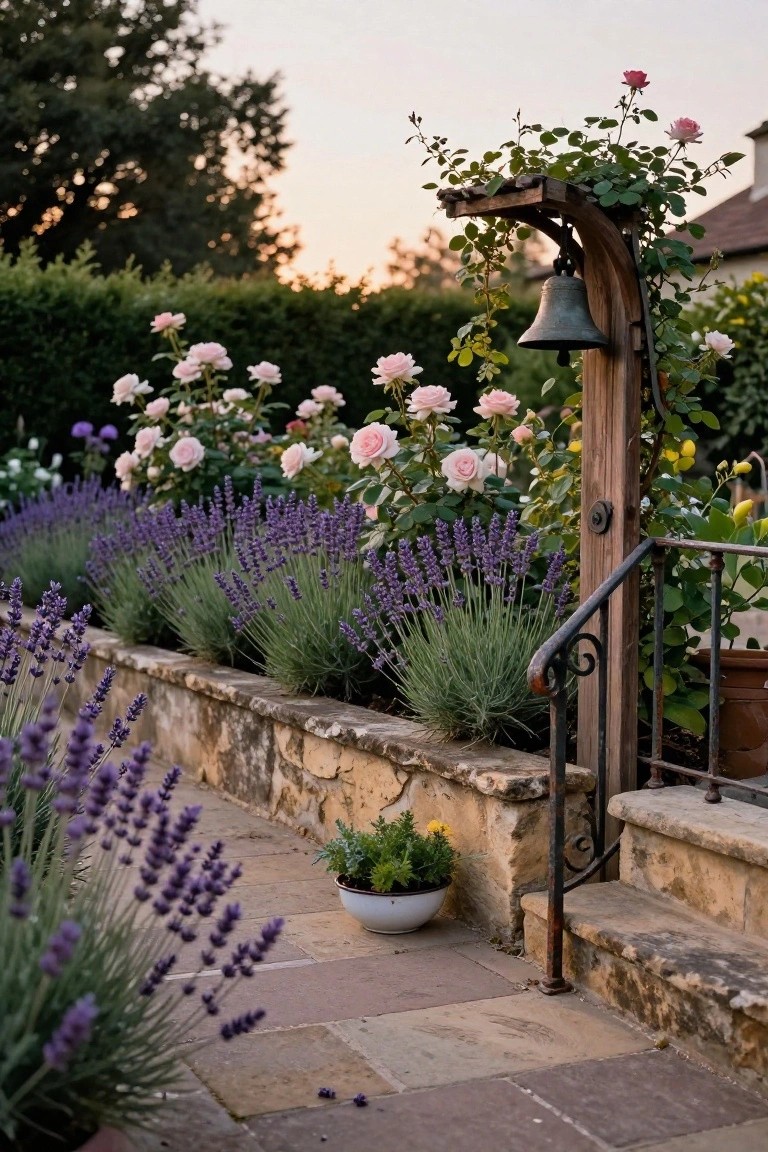 Low stone wall lined with purple lavender plants along a garden path, wooden arch with hanging bell and climbing pink roses, stone steps, and potted plants nearby at dusk.