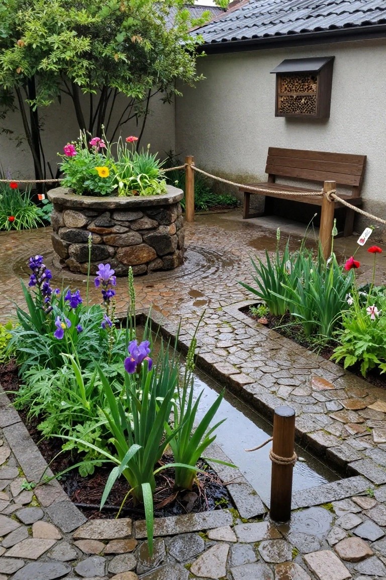 Cottage garden courtyard featuring a central circular stone planter, wet irregular cobblestone paths, linear raised stone beds with purple irises and green plants, a wooden bench with rope barrier, colorful poppies, and a bee hotel on a rendered wall.