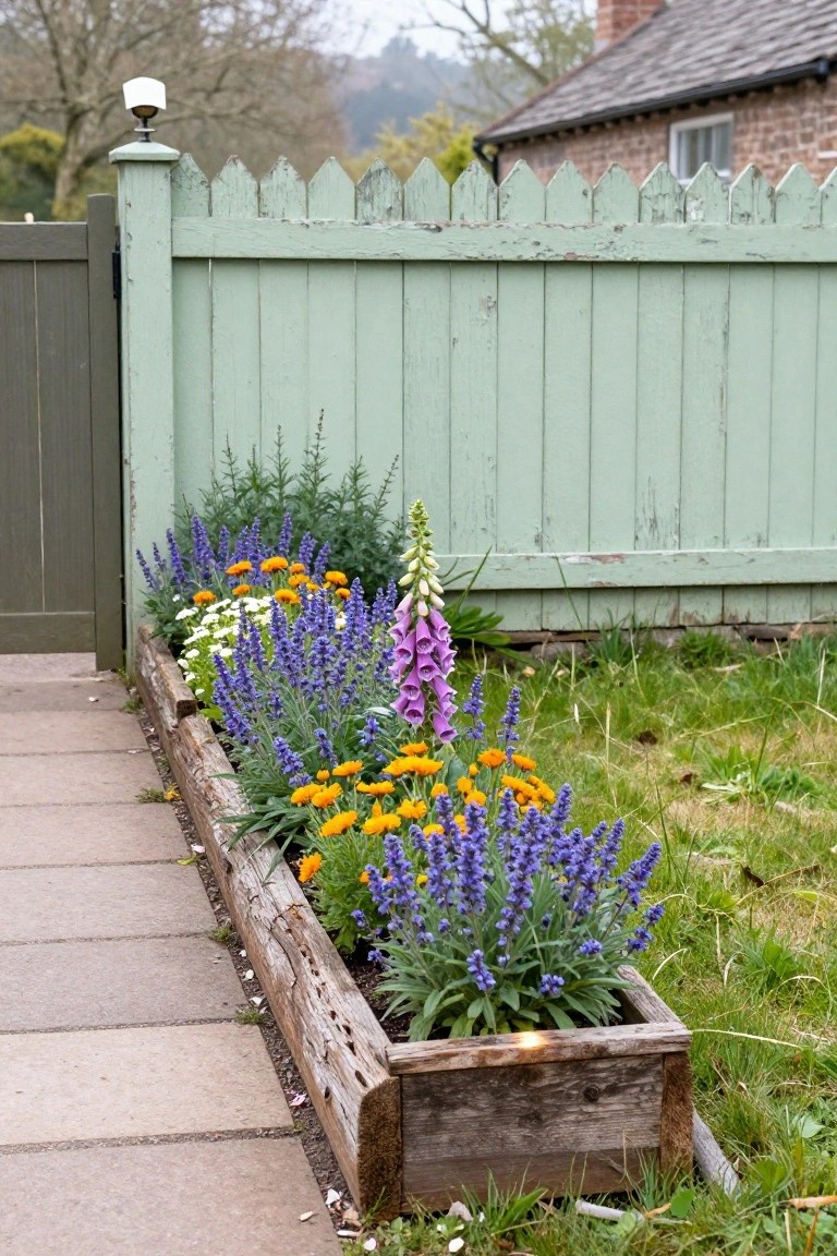 A rustic wooden raised planter box filled with purple lavender and salvia, pink foxgloves, orange marigolds, and white daisies lines a paved path beside a weathered green picket fence and gate post, with a brick house and trees in the background.