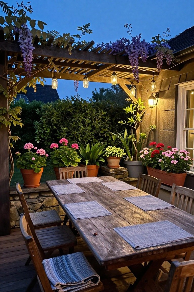 Wooden pergola covered in purple wisteria hanging over a rustic rectangular dining table with chairs on a deck at twilight, surrounded by potted pink geraniums, green plants, and hanging jar lights.