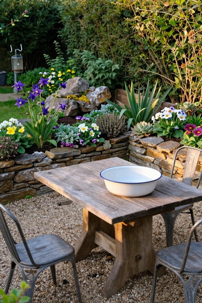 Weathered square wooden table with white enamel bowl centered on it, flanked by two metal chairs on gravel ground, adjacent to dry stone wall retaining beds of colorful flowers, succulents, and greenery.