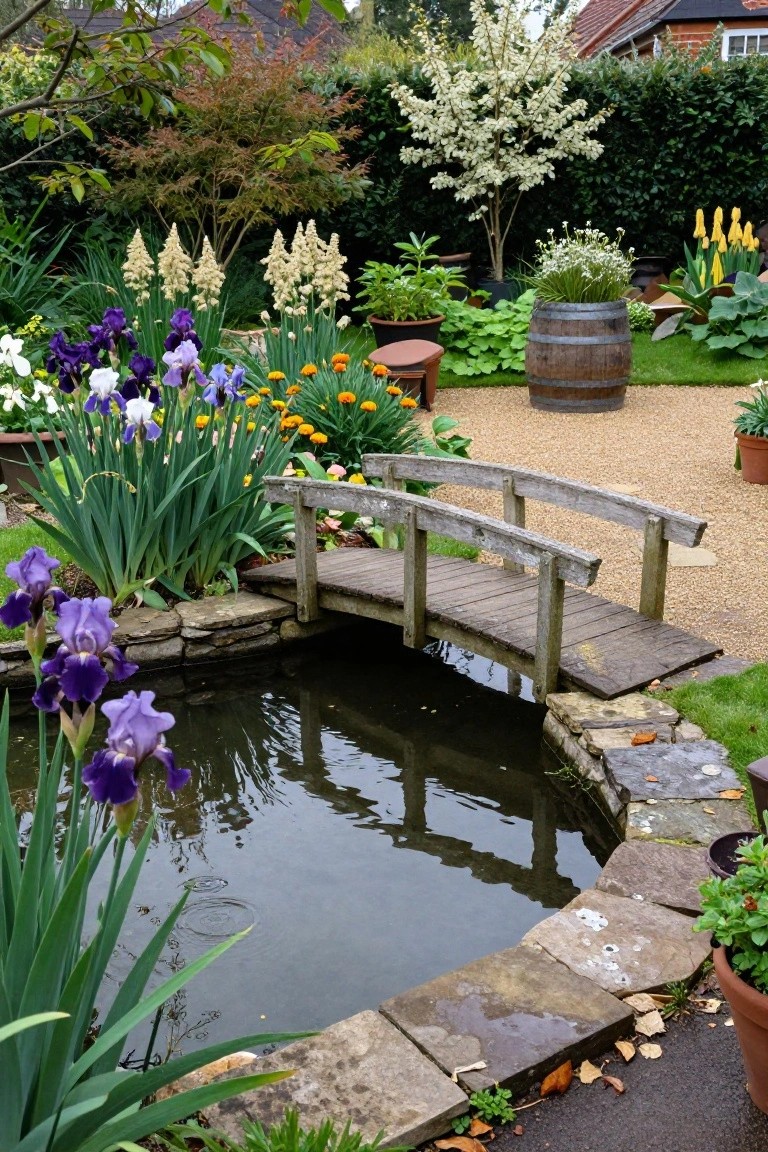 Wooden arched bridge over a small stone-edged pond in a lush garden with purple irises, white astilbe, yellow flowers, green shrubs, a barrel planter, and gravel paths.