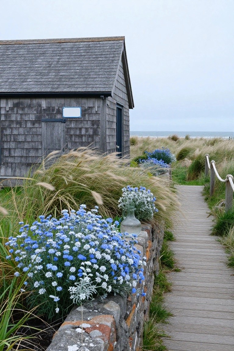 Gray shingled cottage next to a wooden boardwalk path bordered by tall beige grasses, blue flower clusters in pots and beds, a stone wall, beach dunes, and ocean in the background.