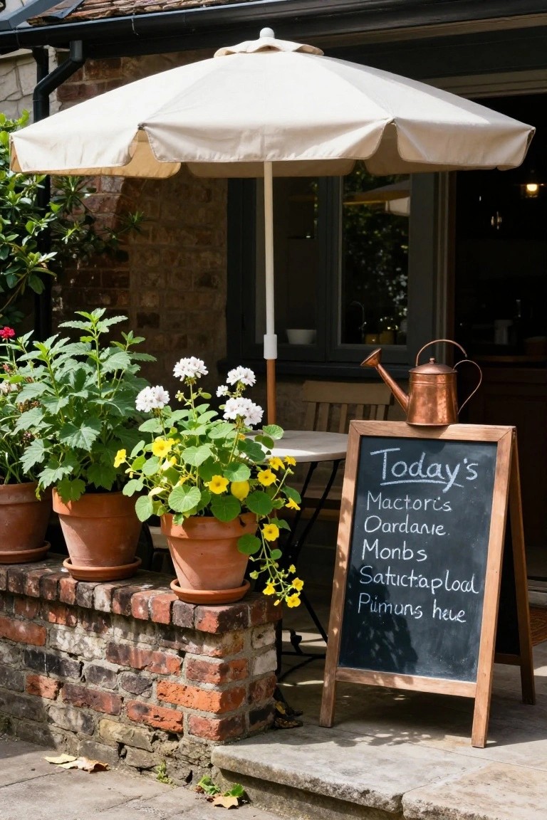 Cottage exterior brick wall and steps lined with terracotta pots of white geraniums, yellow calendula, and green plants, plus a bistro table and chairs under a beige umbrella, copper watering can, and wooden chalkboard sign with menu.