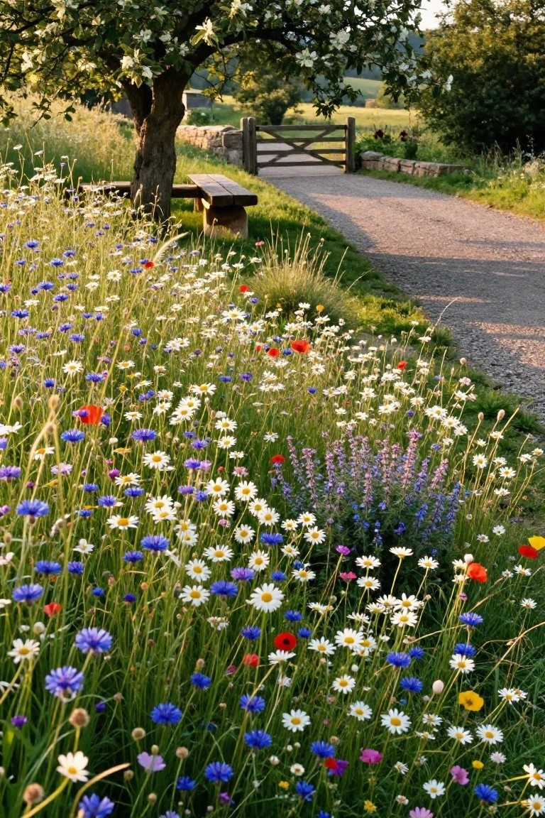 Gravel path edged by a dense border of mixed wildflowers including blue cornflowers, white daisies, red poppies, and green grasses, leading past a wooden bench under a tree to a wooden gate and stone wall.