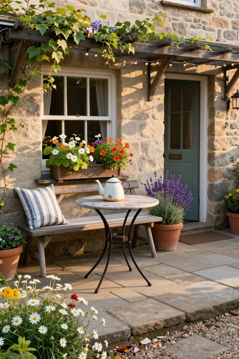Stone cottage facade with green front door under vine-covered wooden pergola, colorful flower window box on white-framed window, small round table with teapot and bench on adjacent patio, surrounded by potted plants and ground flowers.