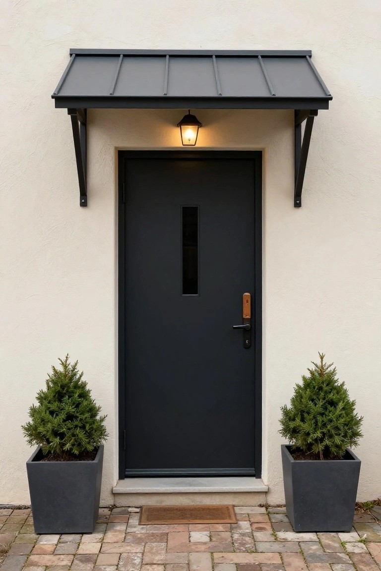 Black front door with narrow vertical window and wood-handled lockset on white stucco wall, under gray metal awning with lantern light, flanked by two small fir trees in square black pots on brick pathway.