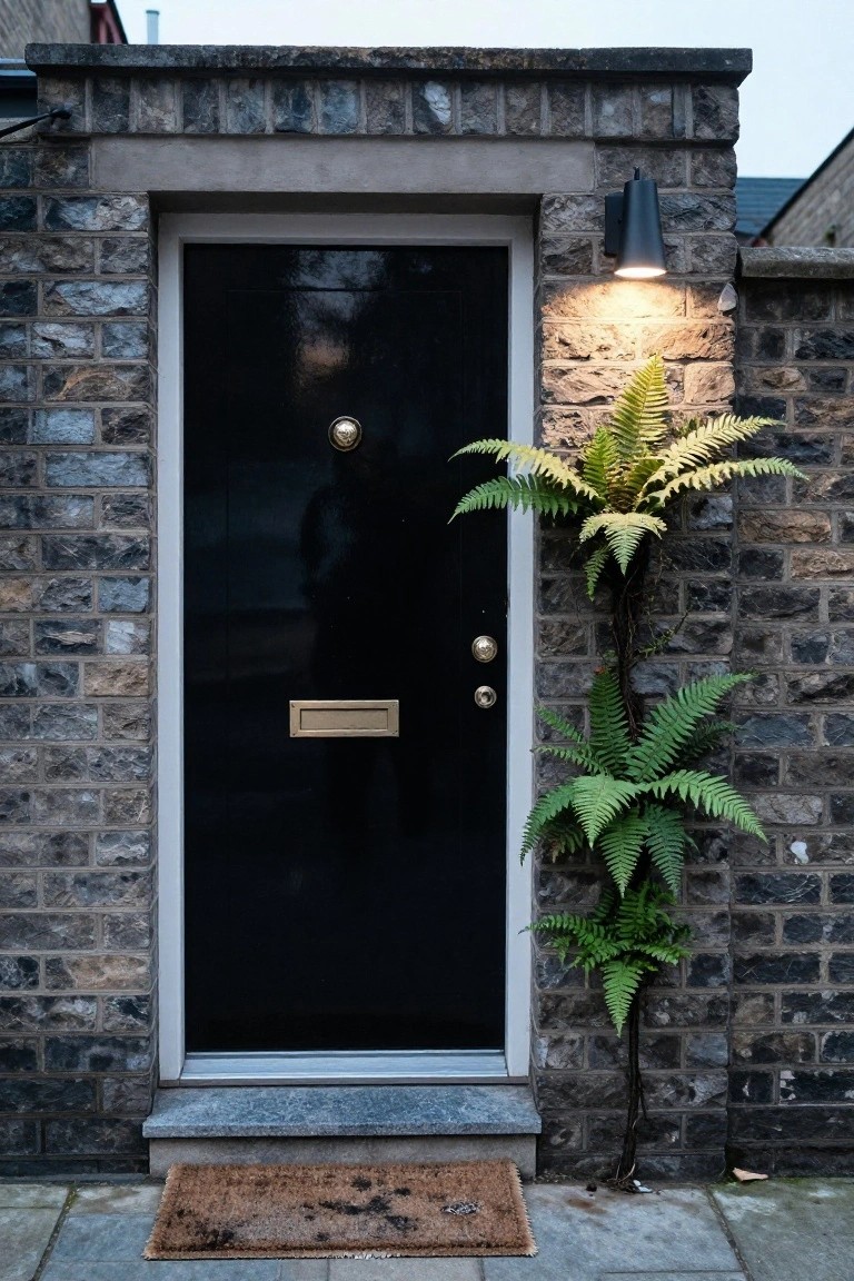 Black front door on a brick house exterior with brass knocker and letterbox, wall-mounted black light fixture, tall potted fern plant beside the door, and brown doormat on stone steps.