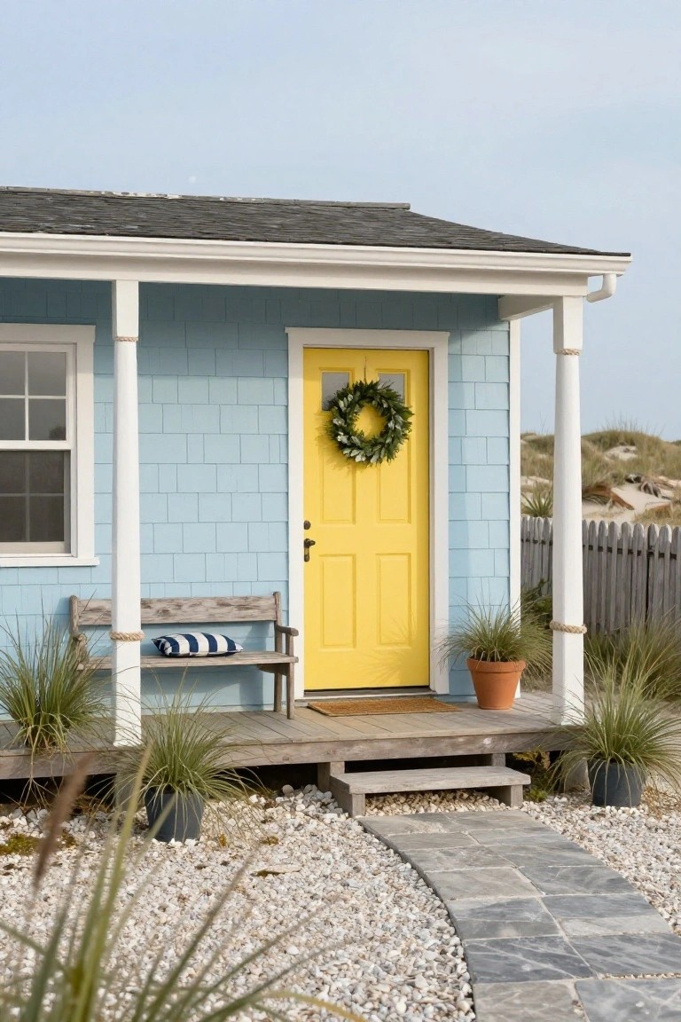 Light blue shingle siding cottage with yellow front door, white porch columns, wooden bench with blue cushion, potted grasses, stone path, and beach dunes in background.