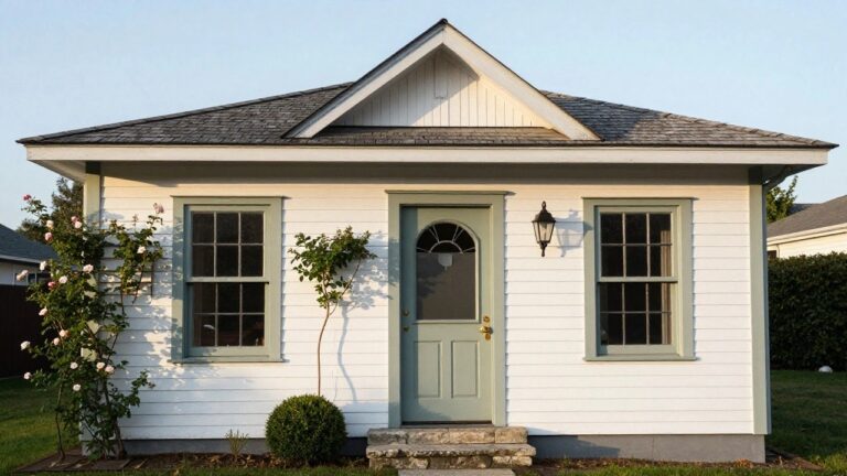 White shingle-style cottage exterior featuring a sage green paneled front door with arched leaded glass window, flanked by black lanterns, climbing roses on the siding, boxwood shrubs, potted plants on stone steps.