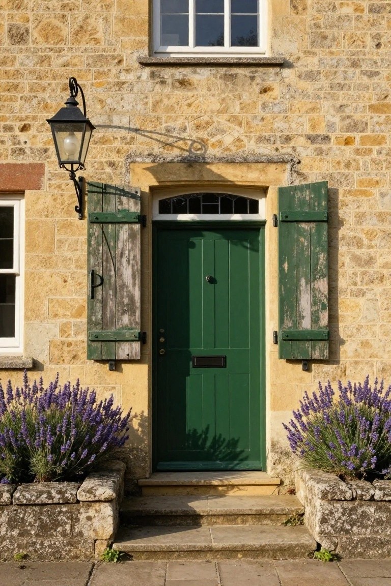 Green wooden front door with matching open shutters on a yellow stone cottage wall, flanked by lavender plants in stone planters, a black wall lantern above, and small windows on sides.