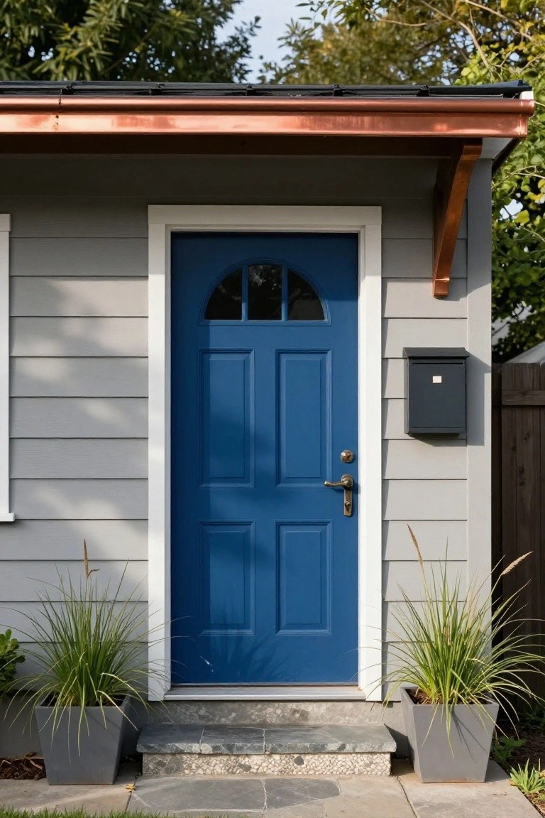 Gray shingle siding on a cottage exterior features a bright navy blue paneled front door with arched glass window, flanked by two large potted grasses, a black mailbox, copper gutters, and stone entry steps.