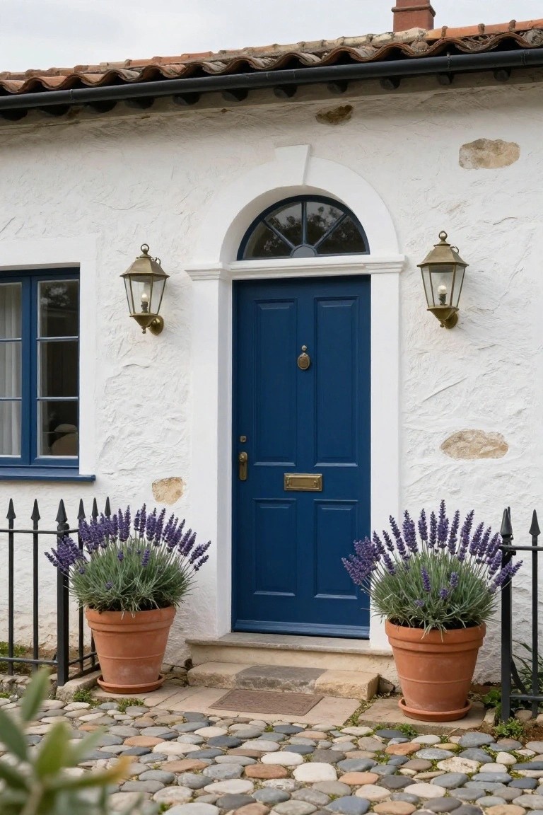 White stucco cottage exterior featuring a navy blue front door with brass knocker and letterbox, flanked by brass lanterns, an arched window, lavender plants in terracotta pots, black iron fence, and a pebble stone path.