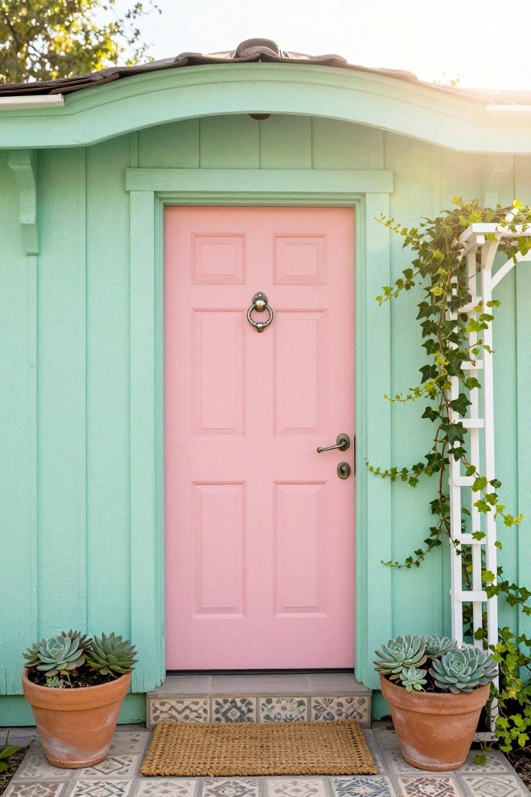 Mint green wooden cottage with curved roofline and pink paneled front door, brass knocker and handle, flanked by terracotta pots of succulents, ivy on white trellis, woven doormat on patterned tile steps.