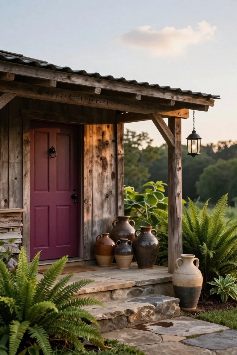 Rustic wooden cabin exterior featuring a deep purple front door on a covered porch with stone steps, flanked by large terracotta pots and green ferns, a hanging lantern, and wooded background at dusk.