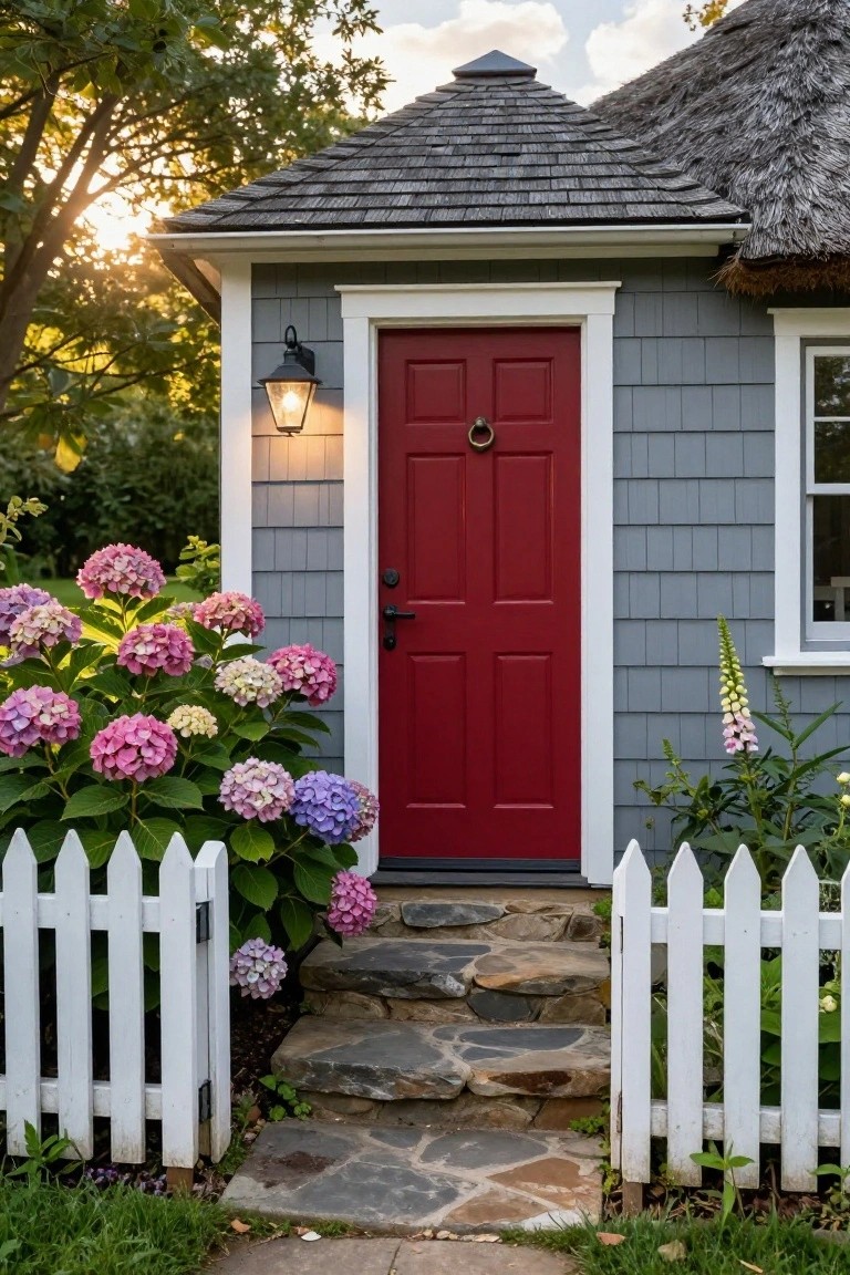 Gray shingled cottage with white trim and a bright red paneled front door, surrounded by blooming pink and purple hydrangeas and a white picket fence leading to stone steps.