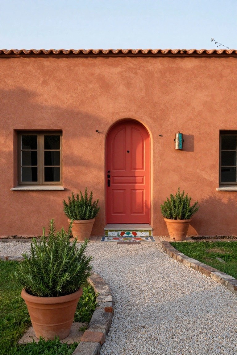 Terracotta adobe house facade with central red arched front door, small windows on each side, potted rosemary plants flanking the entry, colorful tiled step, and curved gravel pathway.