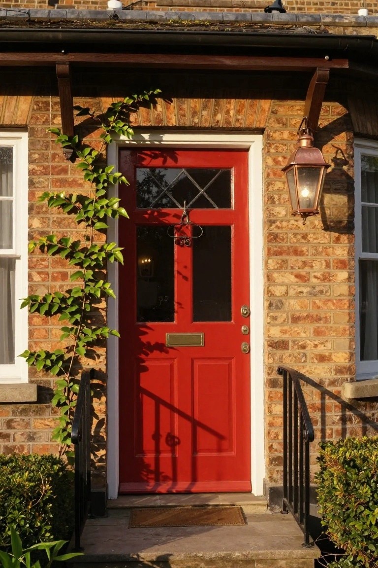 Red wooden front door with glass panels and brass knocker on a brick cottage exterior, ivy climbing one side, copper lantern light on the porch overhang, black metal railing on steps, and shrubs at the base.