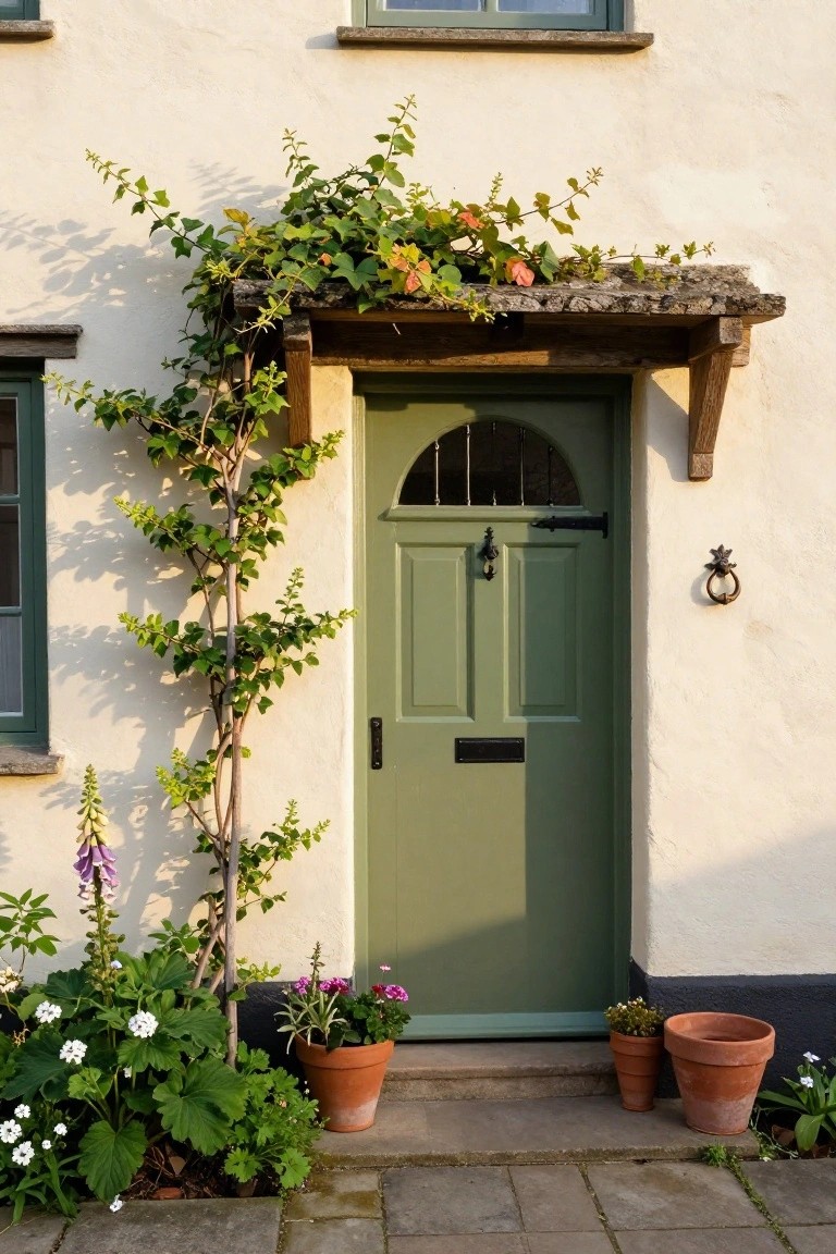 Sage green arched front door with black hardware on a white plaster cottage wall, surrounded by climbing vines, foxgloves, potted plants, and a stone path.