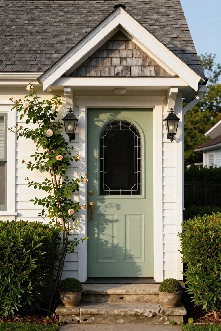 White shingle-style cottage exterior featuring a sage green paneled front door with arched leaded glass window, flanked by black lanterns, climbing roses on the siding, boxwood shrubs, potted plants on stone steps.