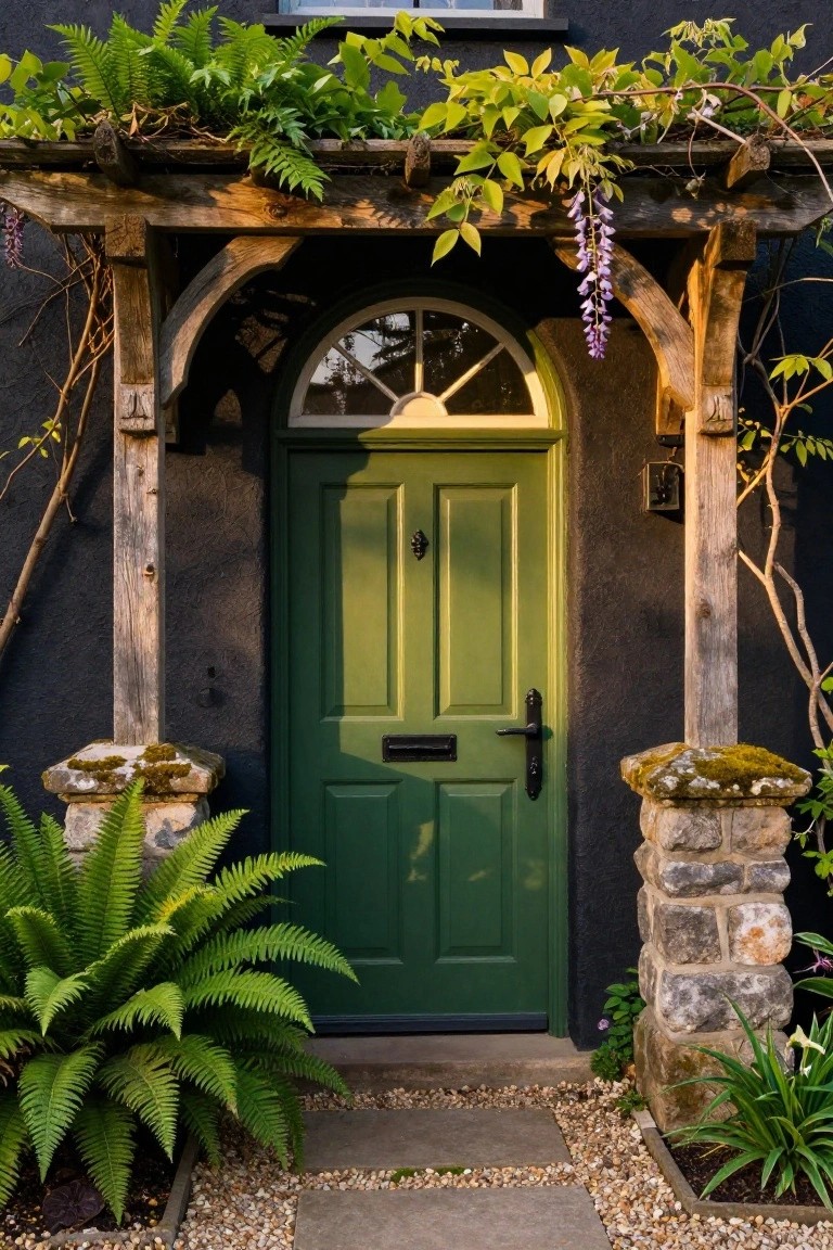 Green front door on a dark textured house wall under a wooden pergola draped with wisteria and purple flowers, flanked by stone pillars with ferns and gravel path.