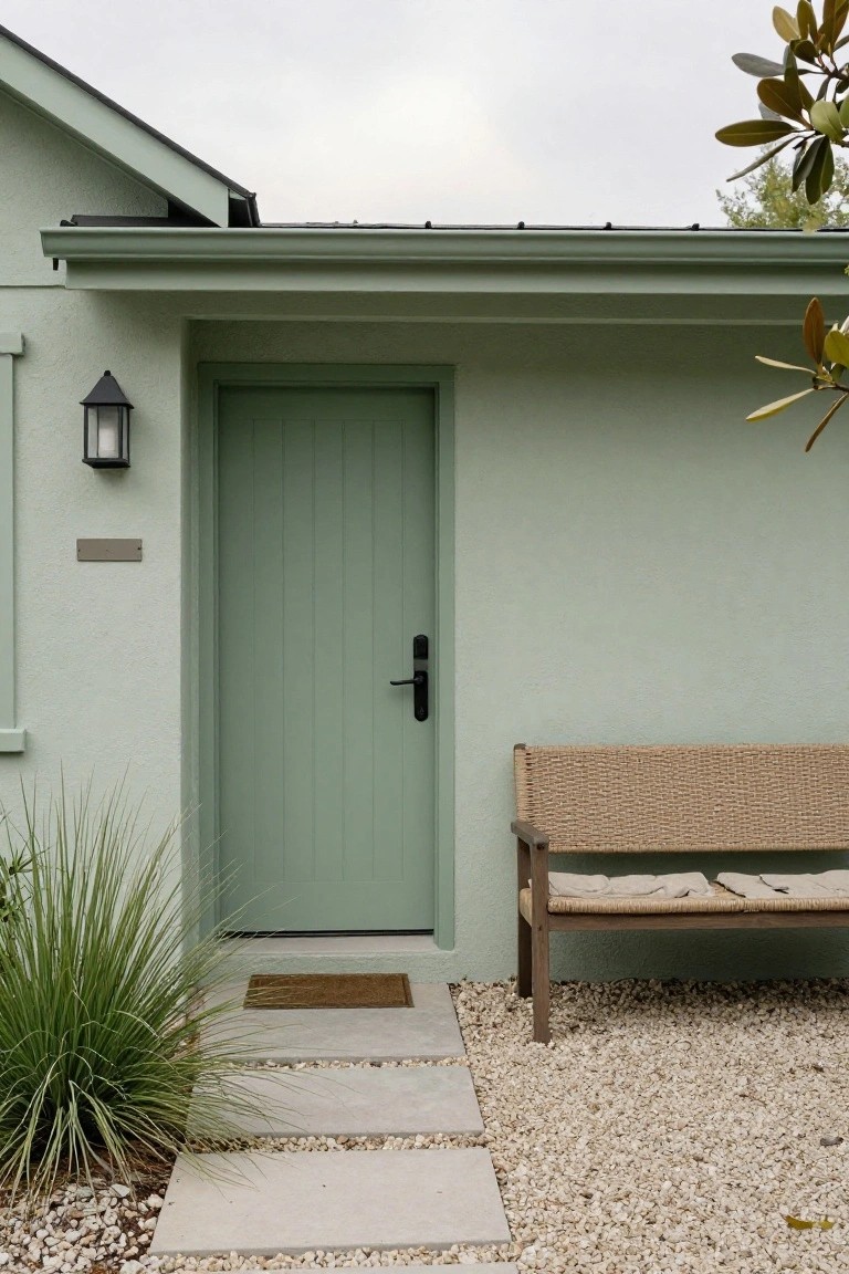 Sage green wooden front door on a light green stucco house exterior under a covered porch, with a rattan bench, gravel ground cover, stone path, and ornamental grasses nearby.