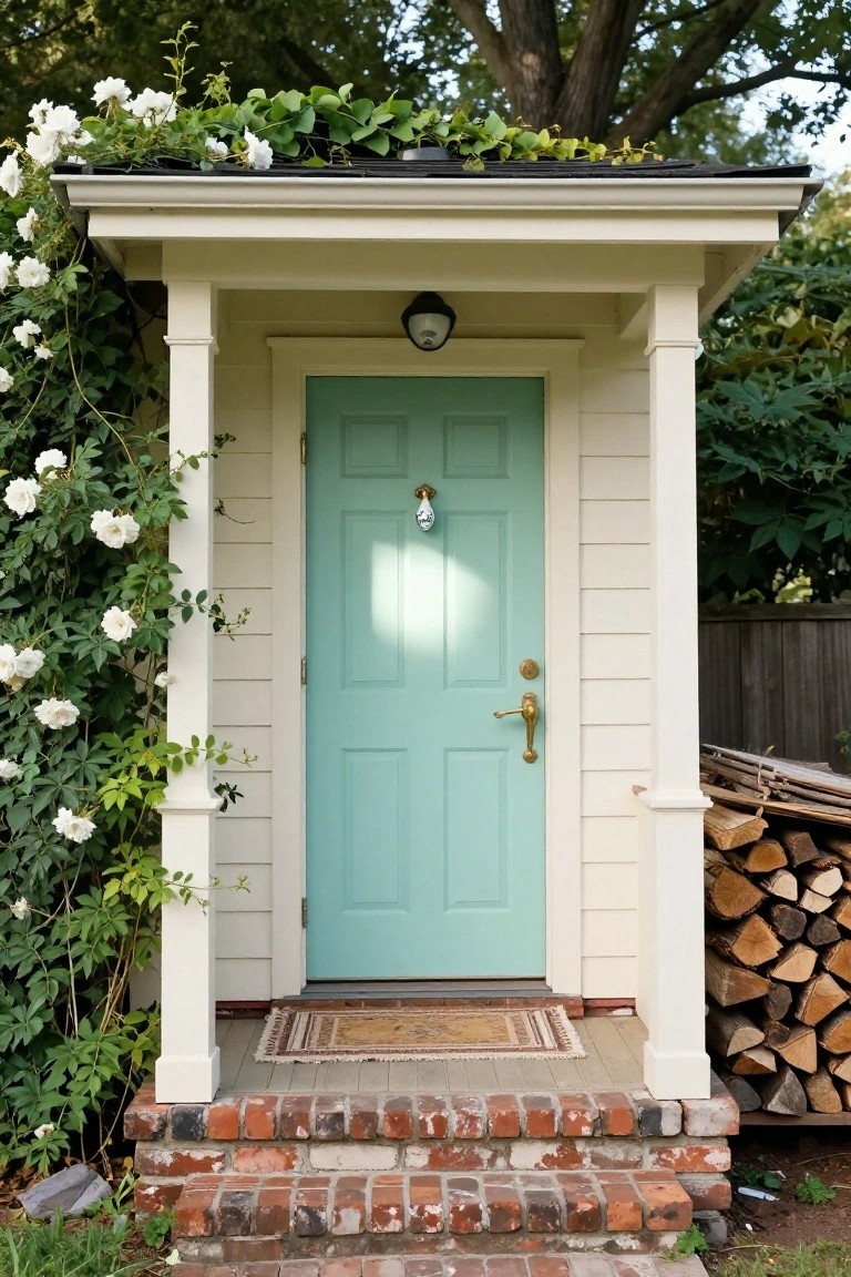 Mint green paneled front door on a white shingled cottage porch with vine-covered columns, wall lantern, brass knocker and knob, woven mat on wood porch, brick steps, and firewood stack nearby.