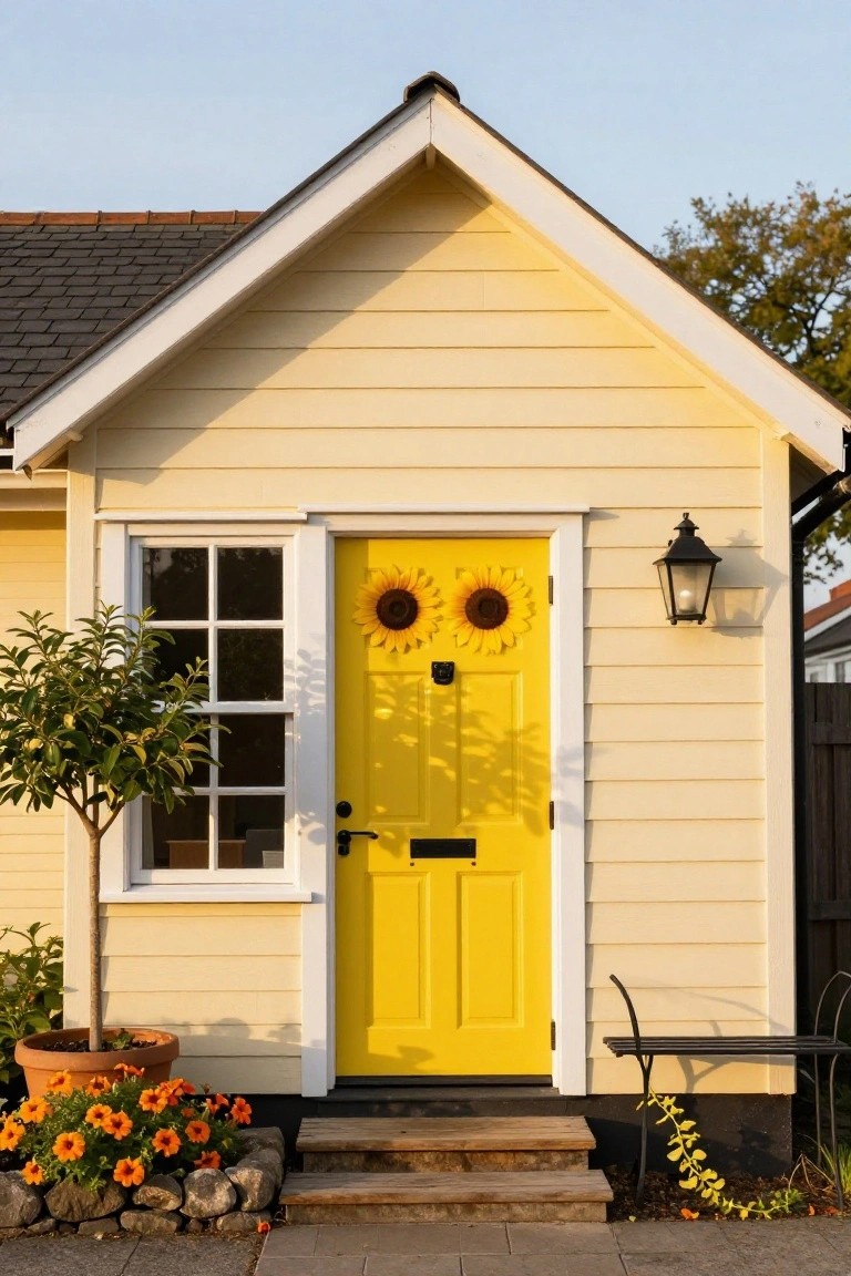 Pale yellow clapboard cottage with white trim and dark gray roof, featuring a bright yellow front door with two large sunflower decorations, a small multipane window to the left, potted plants and flowers at the base, stone steps, and a black lantern light on the right wall.