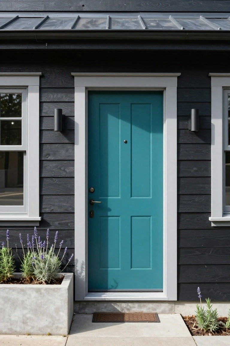 Turquoise paneled front door centered on a black shiplap-sided house exterior with white trim, flanked by two windows, black wall sconces, a concrete planter of lavender plants, and a doorstep mat.