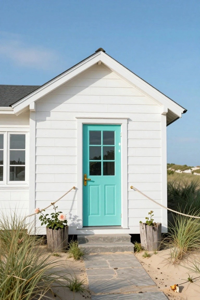 White clapboard cottage with gabled roof and turquoise paneled front door with nine glass panes, flanked by wooden planters with roses tied by ropes amid beach grass and sand on a stone pathway.