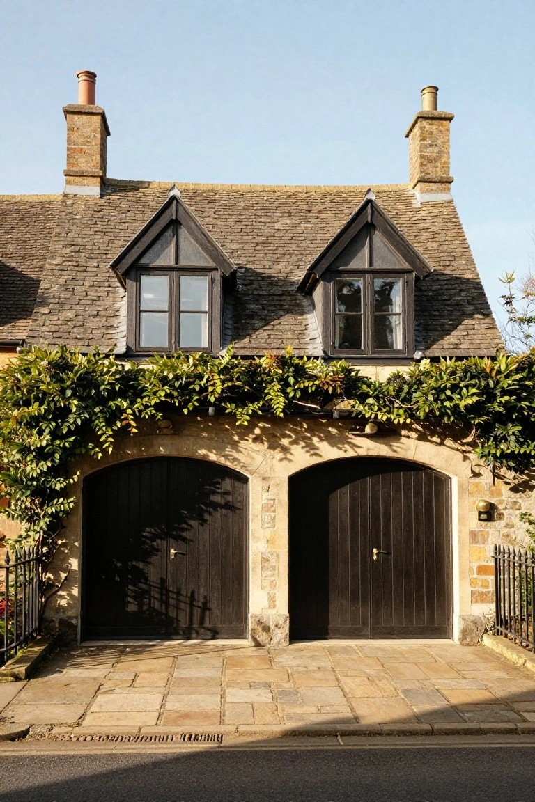Stone cottage exterior with two large arched dark wooden garage doors set in matching stone arches, ivy climbing the walls, dormer windows above, and chimneys on a clear day.