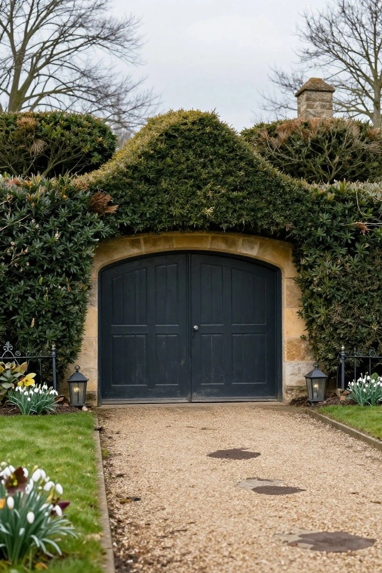 Stone arched garage doorway with dark wooden double doors centered under a dense overhead hedge arch, flanked by lanterns, gravel path with irregular stepping stones, and snowdrop flowers in adjacent beds.