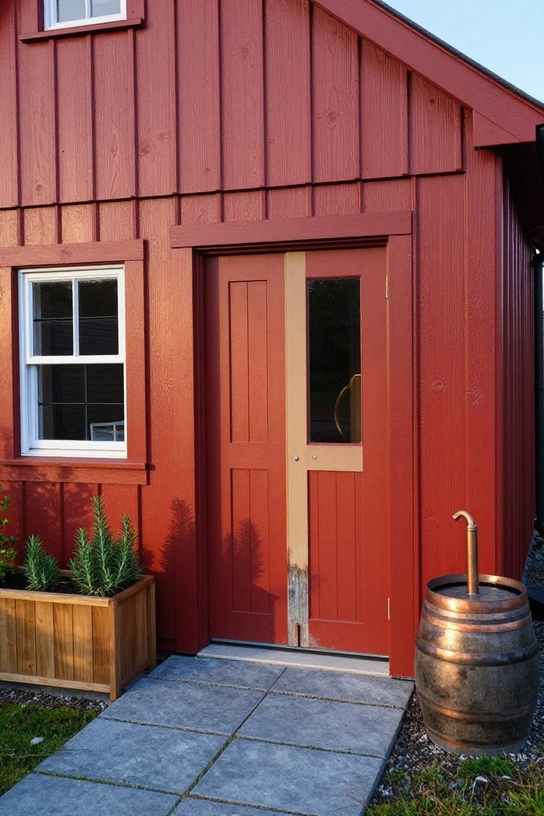 Red board-and-batten wooden garage with gable roof, double entry doors with glass panel, small side window, potted rosemary plants, copper barrel with faucet, and stone walkway.