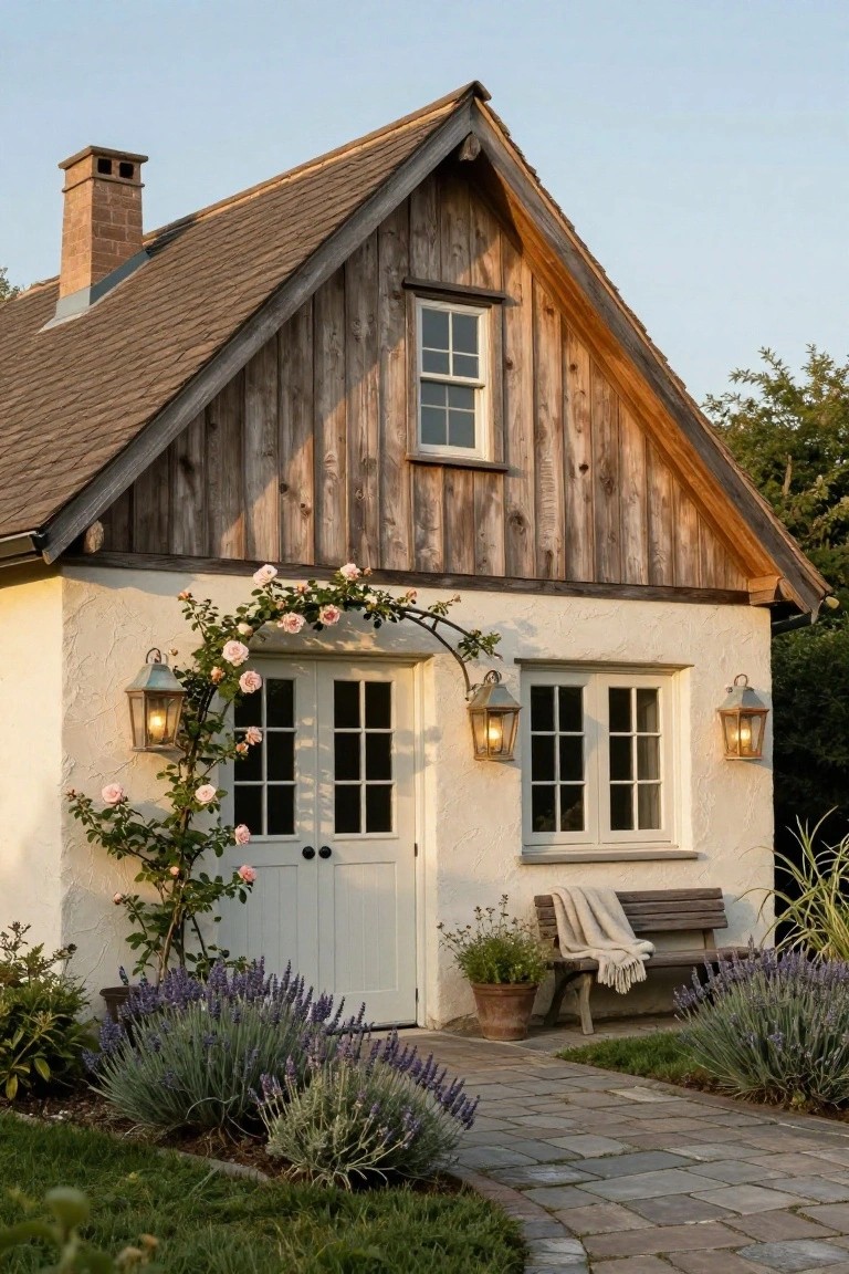 Small cottage-style garage exterior with white stucco base, dark wood shingle siding on gabled upper walls, steep roof with brick chimney, double white doors under a curved arch covered in pink climbing roses, flanked by metal lanterns, windows, lavender plants, potted greenery, wooden bench with blanket, and stone pathway in front yard.
