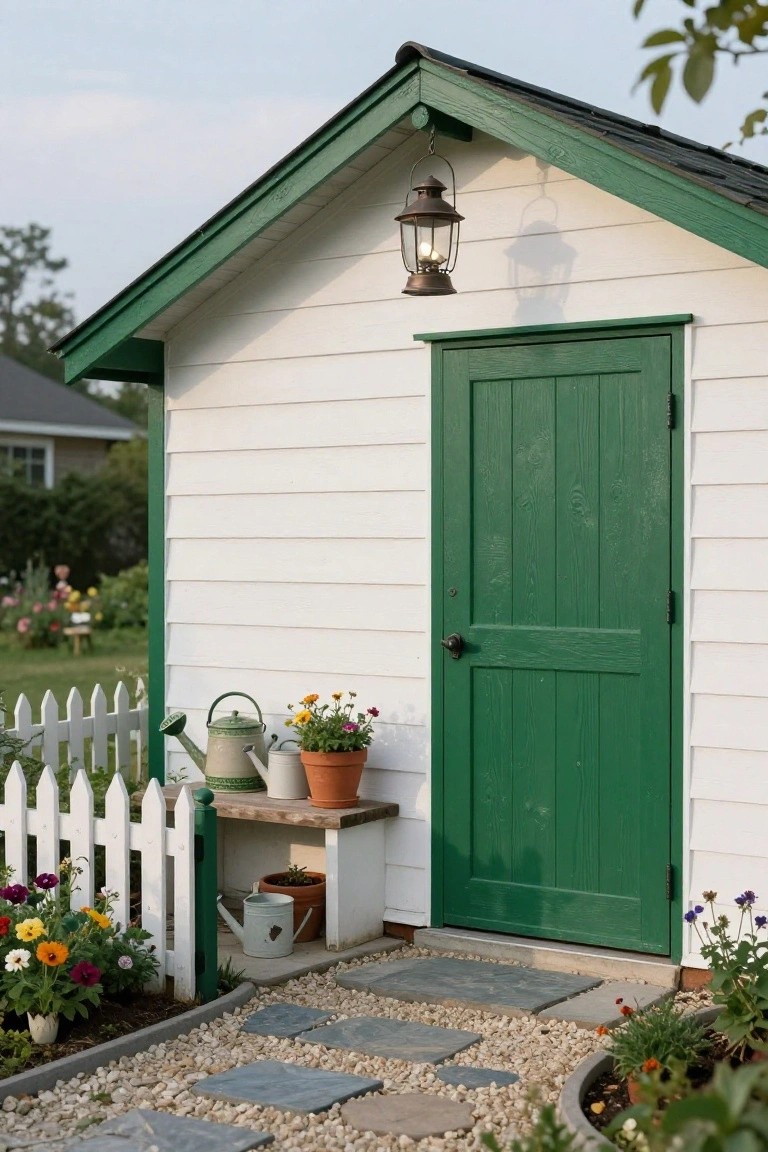 White vertical board-and-batten shed with dark green trim, peaked green roof, green paneled door, brass lantern light above door, watering cans and potted flowers on wooden bench beside white picket fence, stone path and gravel edging in garden setting.