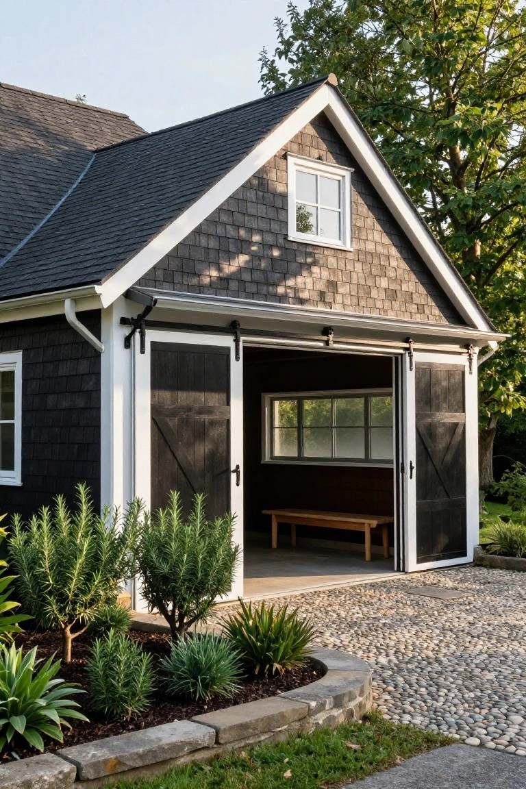 Detached garage with gray shingle siding, white trim, open black sliding barn doors revealing a wooden bench inside, surrounded by rosemary shrubs, agave plants, and a pebble path.