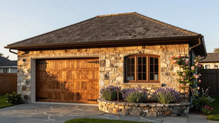 Cedar shingle garage with stone foundation, wooden double doors, arched window, lantern light, climbing roses, lavender plants, and flagstone walkway in front.