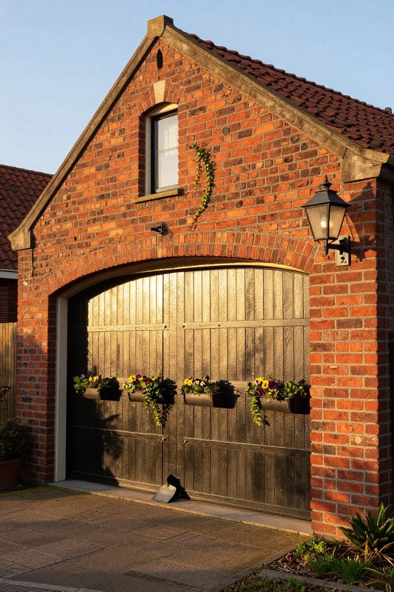 Red brick garage building with large arched wooden garage door, multiple hanging flower planters attached to the door slats, ivy climbing the upper wall, a lantern light fixture, and ground plants nearby.
