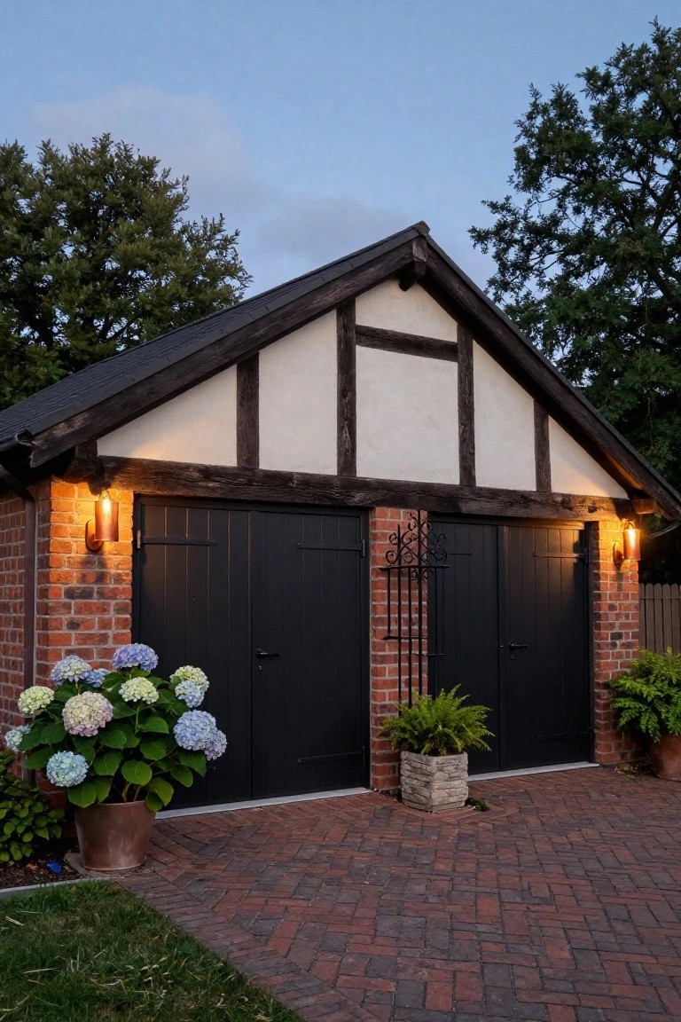 Detached two-car garage with black plank doors, white stucco and dark timber gable, brick side walls, wall-mounted lanterns, iron gate, potted hydrangea and fern beside brick driveway, trees and lawn in background.